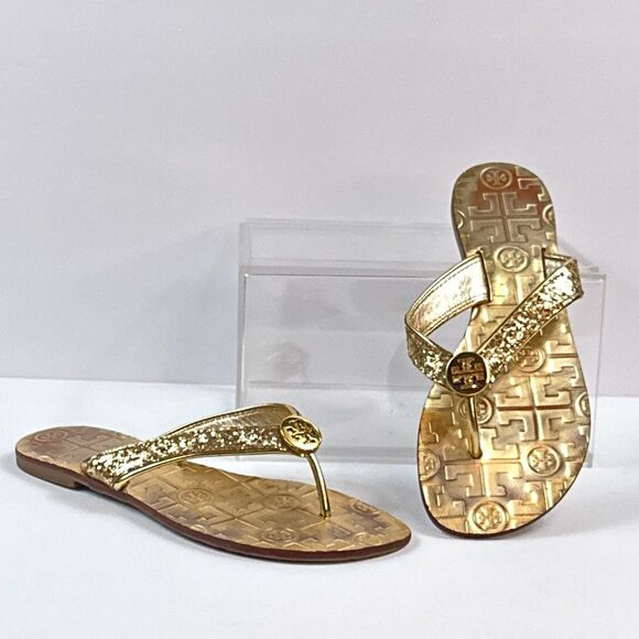 Tory Burch Thora Sandals Womens 6 Gold Glitter Thong Flip Flop Shoes Metallic - Picture 1 of 11
